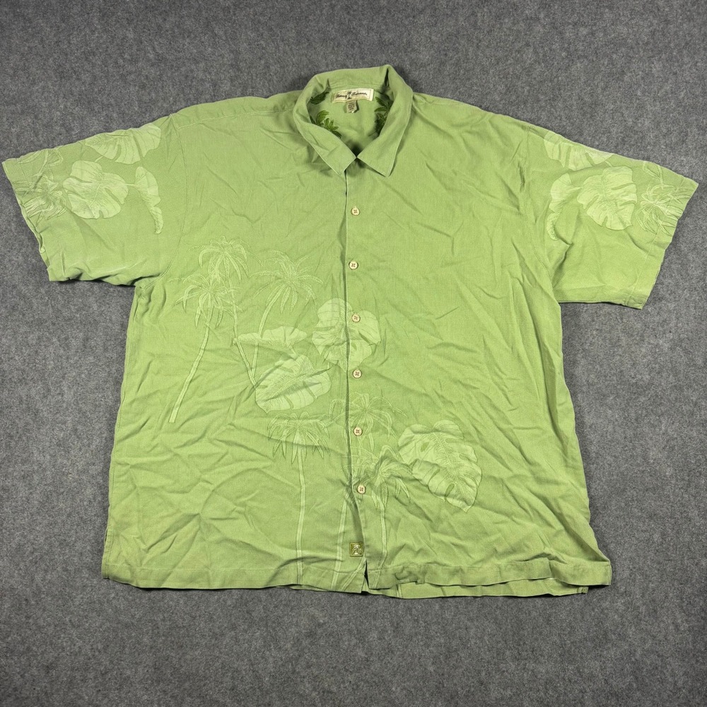 Tommy Bahama Shirt Mens XXL Green Silk Tropical Jacquard Palm Leaf Button Up
